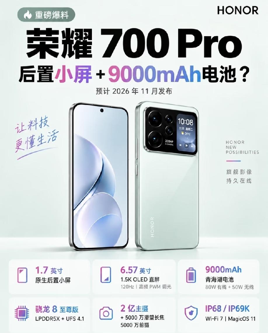 荣耀700 Pro爆料来袭
 
荣耀700 Pro网传预计11月发布，亮点十足。