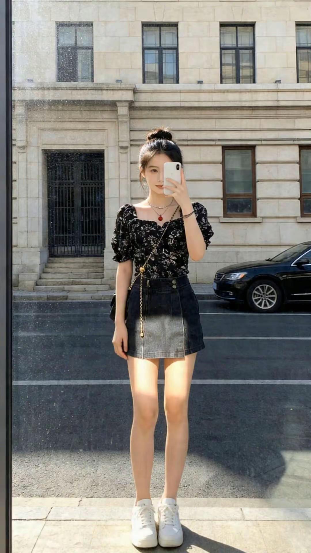 夏天穿什么 碎花衬衫 牛仔半身裙 女装搭配