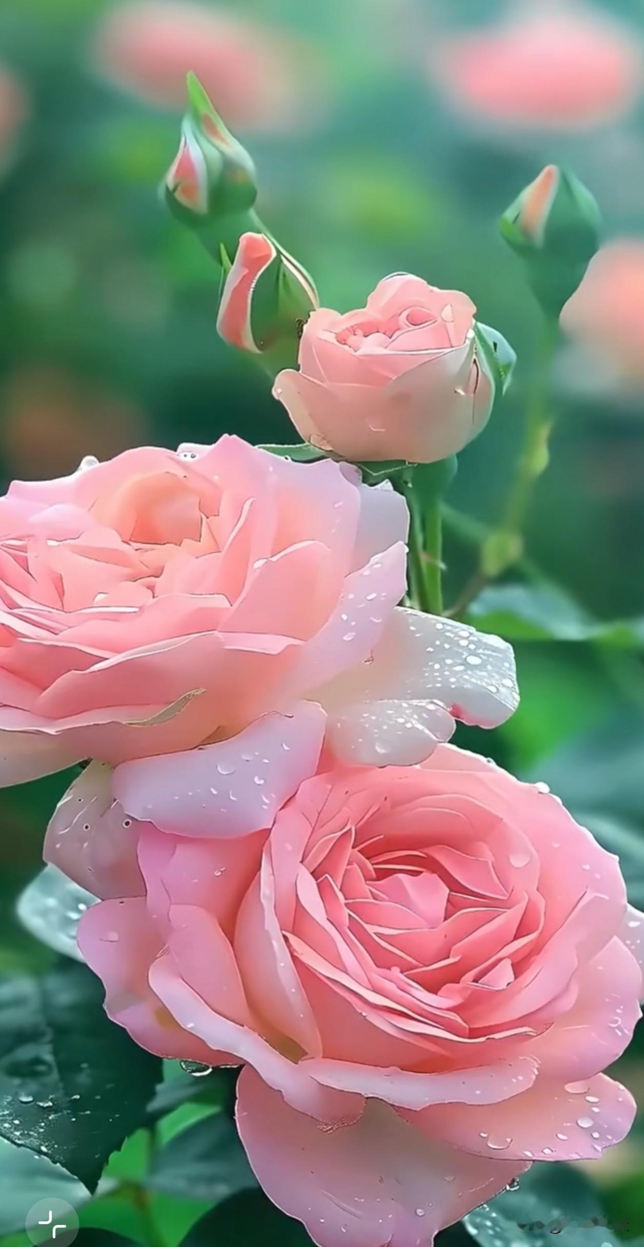雨后的粉月季带着露珠悄然绽放，层层花瓣裹着温柔，在绿意里漾着清透的光。它们熬过风