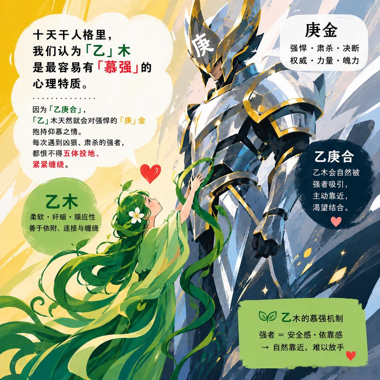 十天干人格里面，我们认为「乙」木是最容易有「慕强」的心理特质。因为「乙庚合」，「