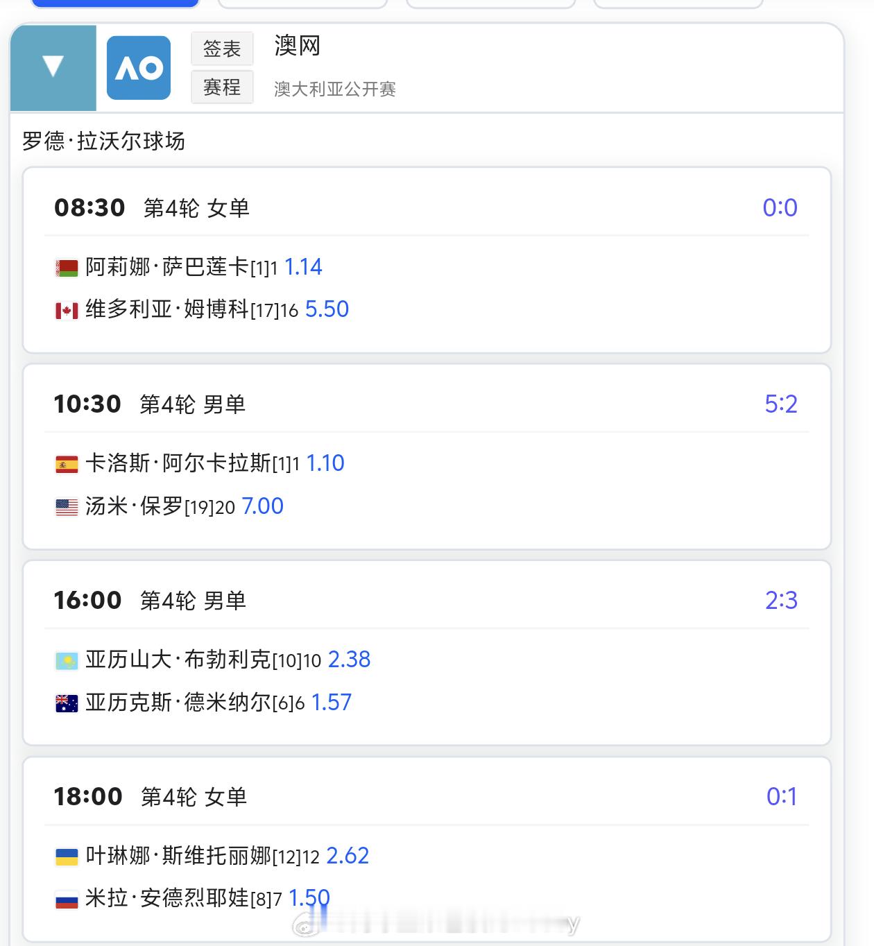 中国网球波比台bbtv 01月25日澳网赛程🔥🎾 罗德·拉沃尔球场🕗 08