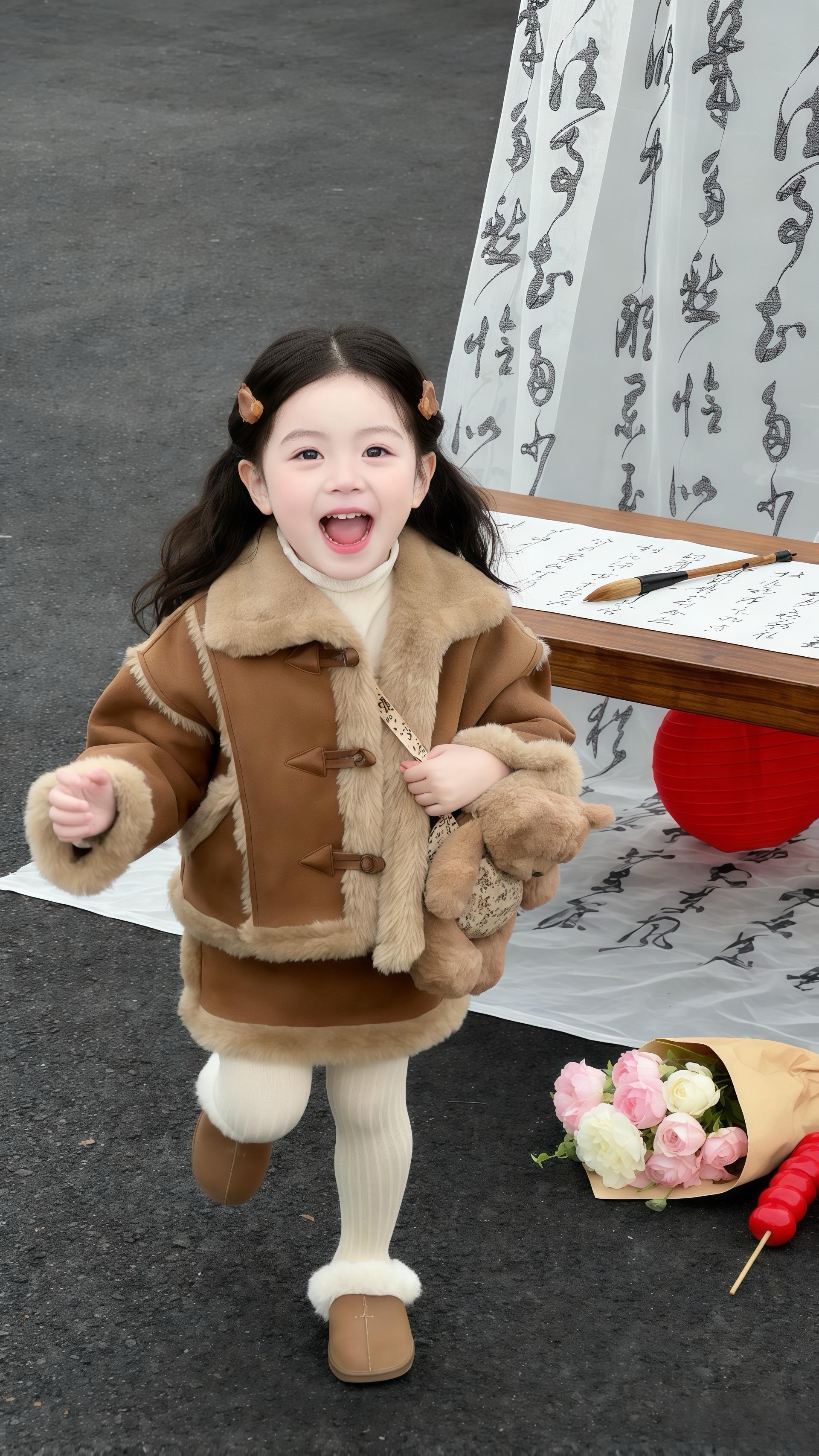 新年给女宝安排这款毛绒套装！焦糖色超显气质，皮毛拼接保暖又时尚，半扎半...