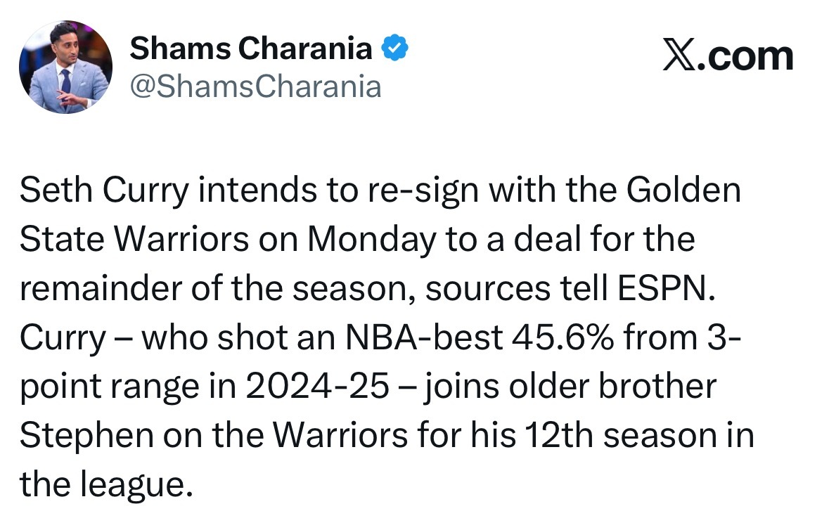 这才是真正的兄弟篮球！👬🏀Shams：勇士签约塞斯-库里，计划于周一与金州勇