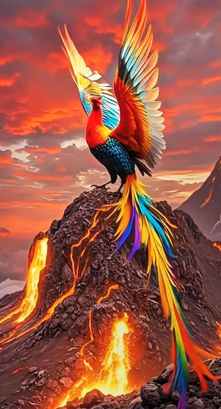 火红鸟儿展翅飞翔，火山爆发震撼心灵凤凰在天空 云里飞出的凤凰