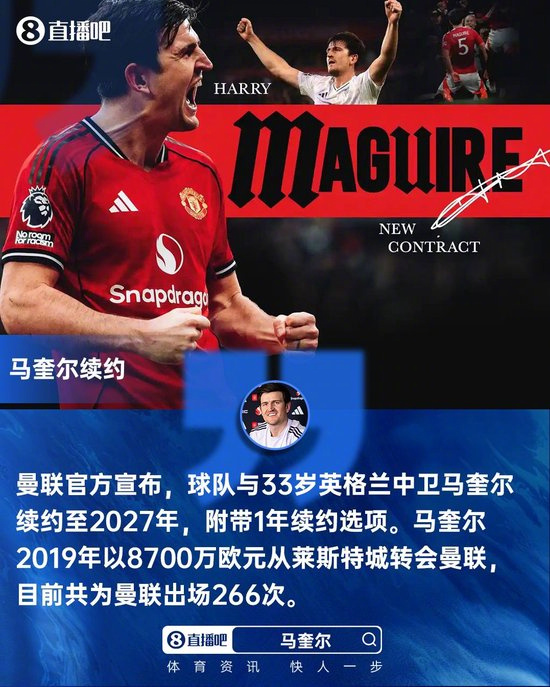 【曼联与马奎尔续约至2027年】直播吧04月07日讯 官方消息，曼联与33岁英格