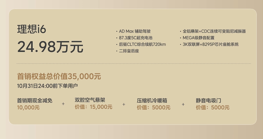 理想i6价格公布：24.98万首销期间免费送：双腔空气悬架，静音电吸们，压缩机冰