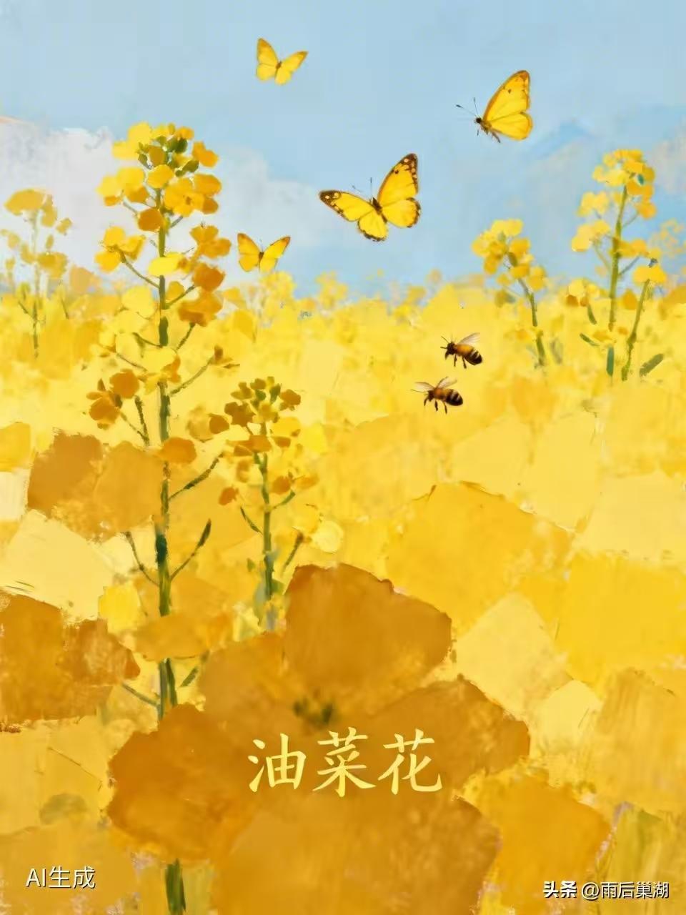 天净沙·菜花
金英铺地连天，
蝶蜂翩舞流连。
春色最浓堪羡。
醉香风软，
醉人花