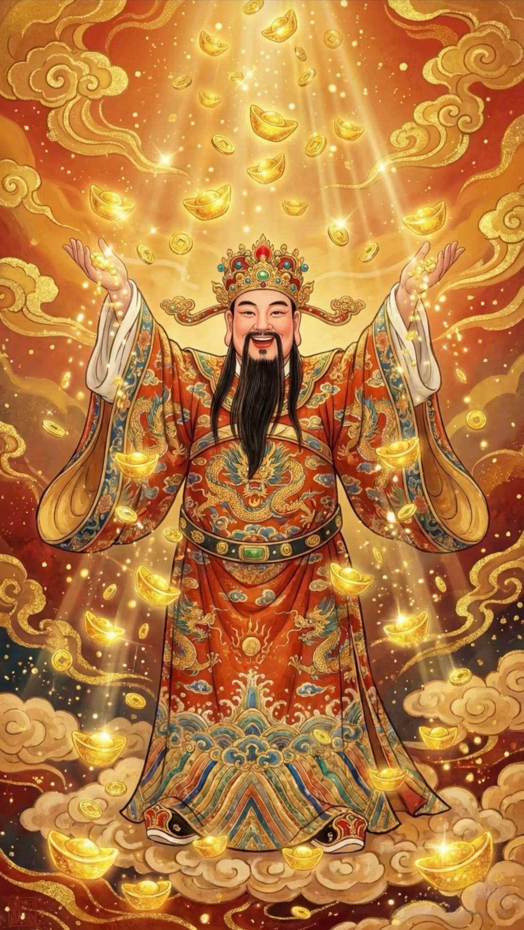 财神送福瑞，吉祥满门庭，福禄双全至，好运永相随。瞧，财神爷爷乐开怀，金元宝如雨落