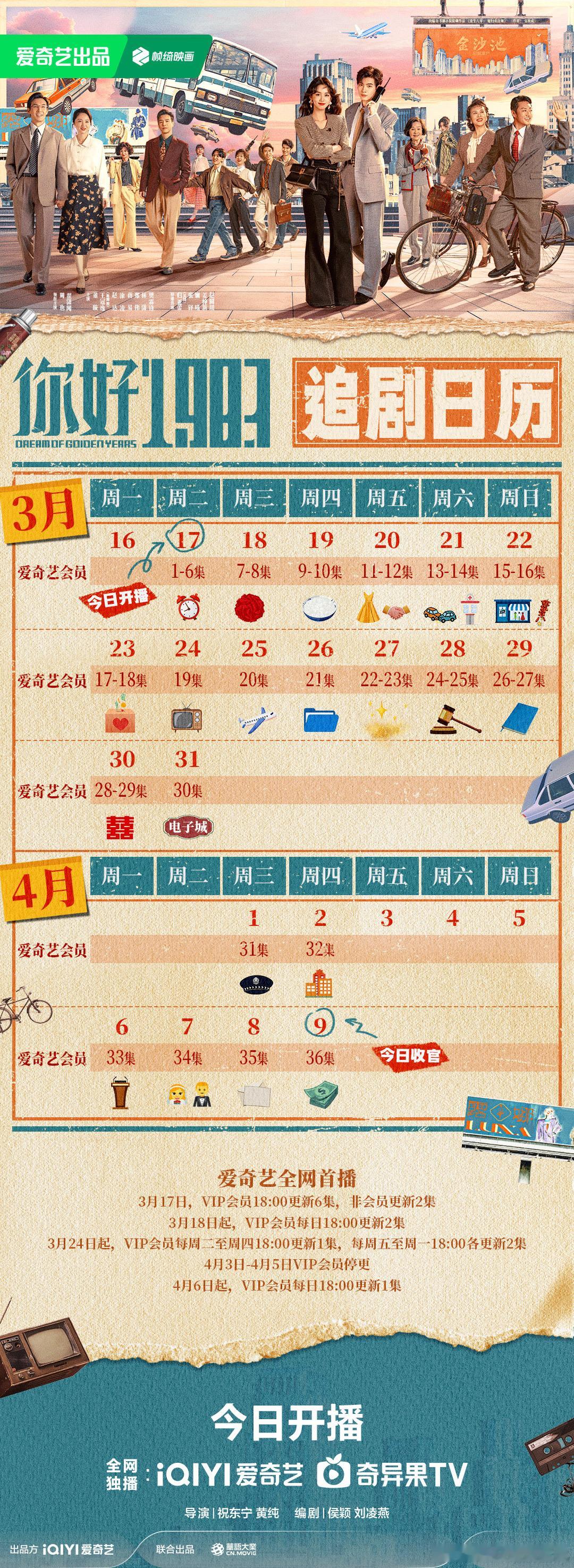 周也、翟潇闻你好1983追剧日历 今天18点爱奇艺开播，首播6集首日热度能上75