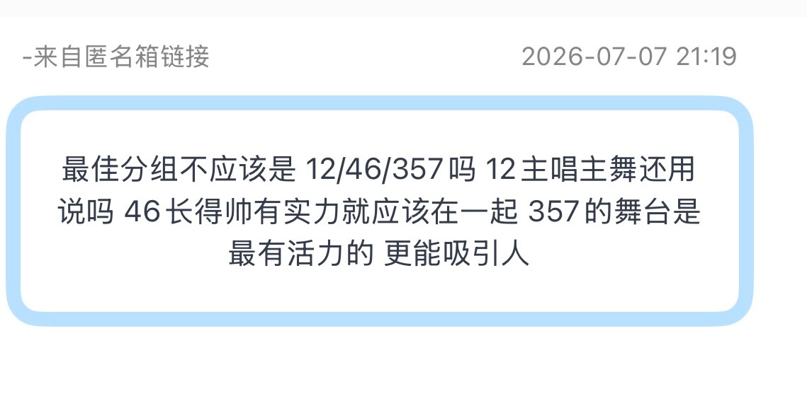 tg：最佳分组不应该是 12/46/357吗 12主唱主舞还用说吗 46长得帅有