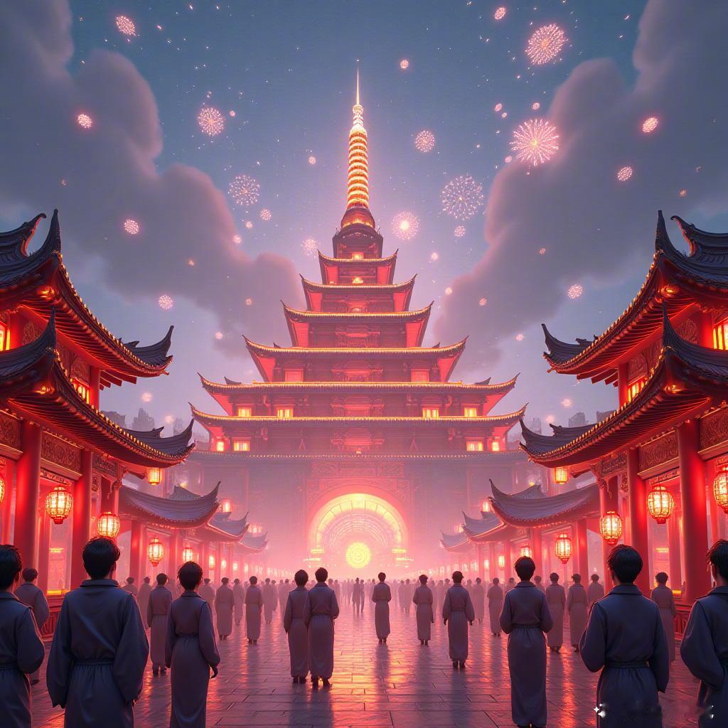 春节的未来科技风，真是太酷了！🎉✨五光十色的灯光，传统与科技的完美融合，祝大家