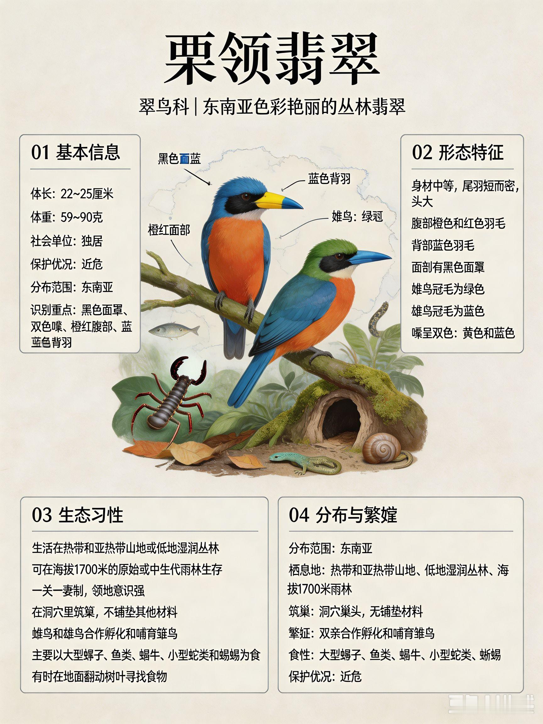 鸟类朋友图鉴 栗领翡翠体长：22~25 厘米体重：59~90 克社会单位：独居保