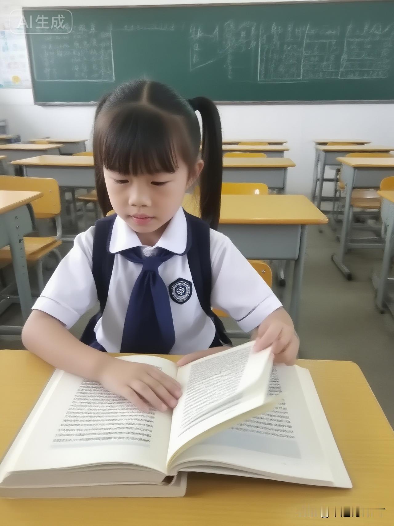 课间的教室静悄悄的，她坐在课桌前，小手轻轻翻着书页，眼神里满是对文字的好奇。很多