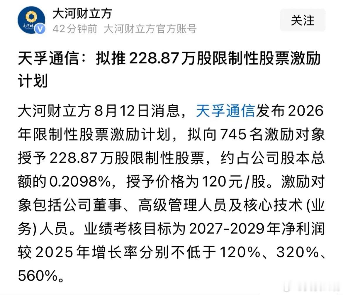 重磅利好消息，太牛了天孚推出限制性股票激励：很多人问这个，这是重磅利好消息，太牛