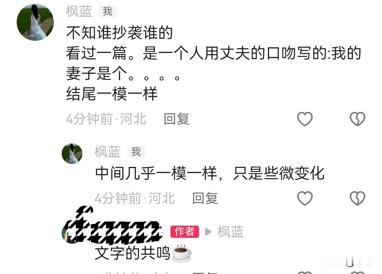 关于抄袭，她的回复可谓是顾左右而言他。

文字的共鸣，只能是心境相通，而非词句段