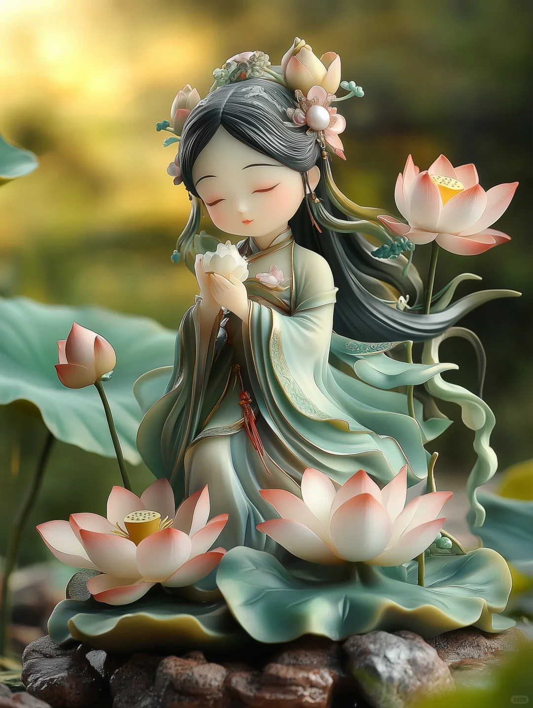 用插画表现情绪|绿色系清新治愈荷花仙子