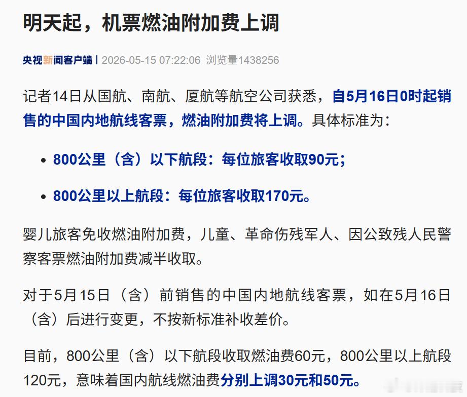 明天起，机票燃油附加费上调。-800公里以下航段：每位旅客收取90元-800公里