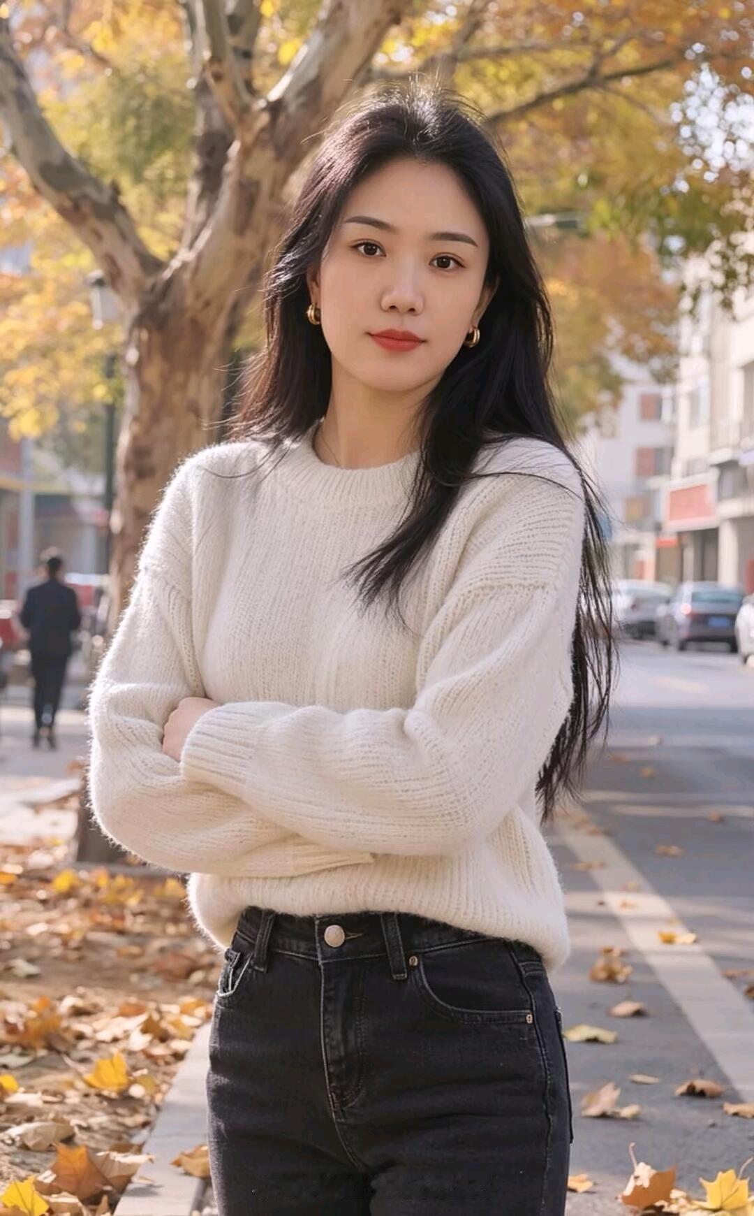 秋日暖阳下，温柔少女漫步街头🍂🍂