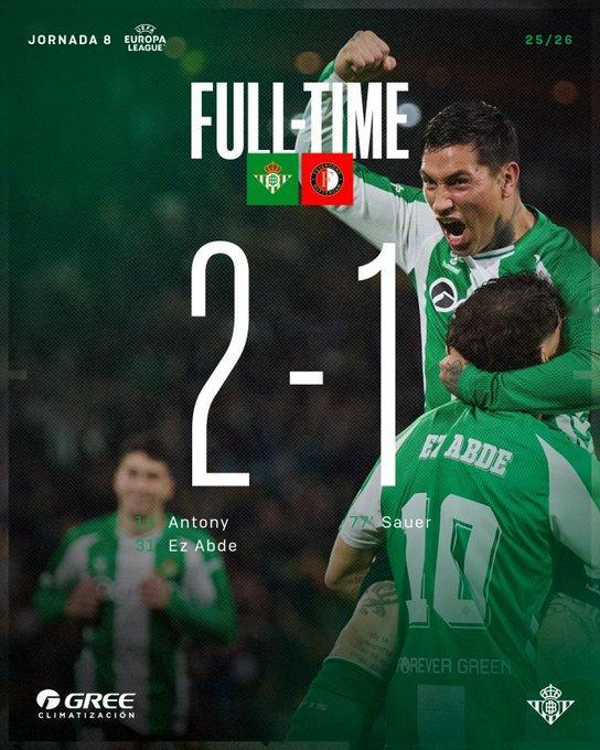 皇家贝蒂斯主场2-1费耶诺德，以联赛阶段第4直通欧联16强；费耶诺德积6分小组垫