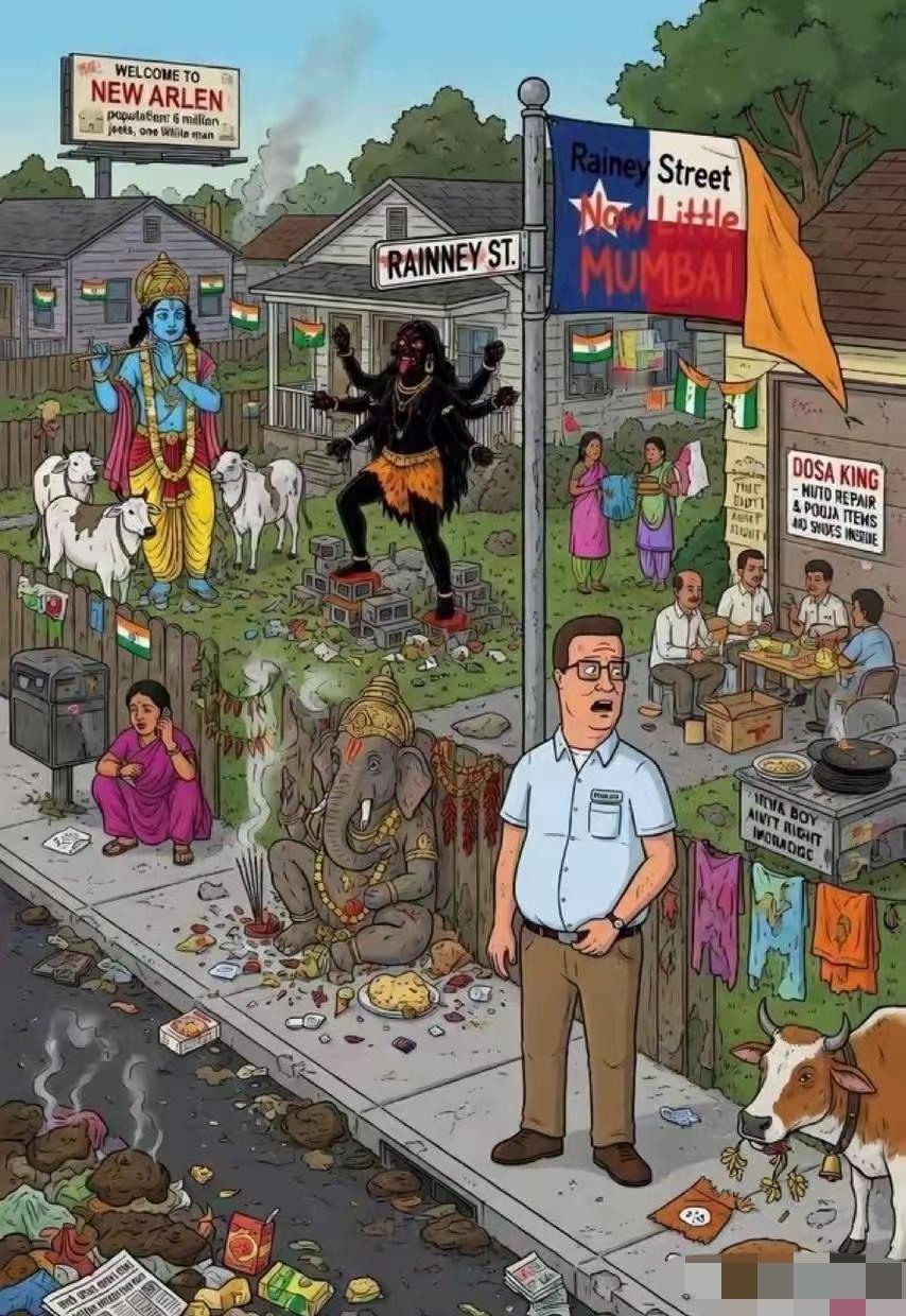 这是美国人自己在网络上画了一幅漫画，嘲讽的就是大量印度人涌入之后的德克萨斯。
