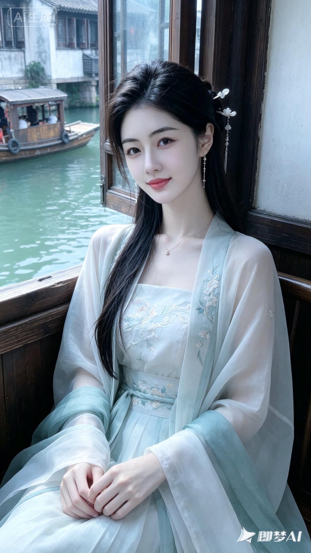 一个姑娘在窗边微笑，背景是水乡风景。
