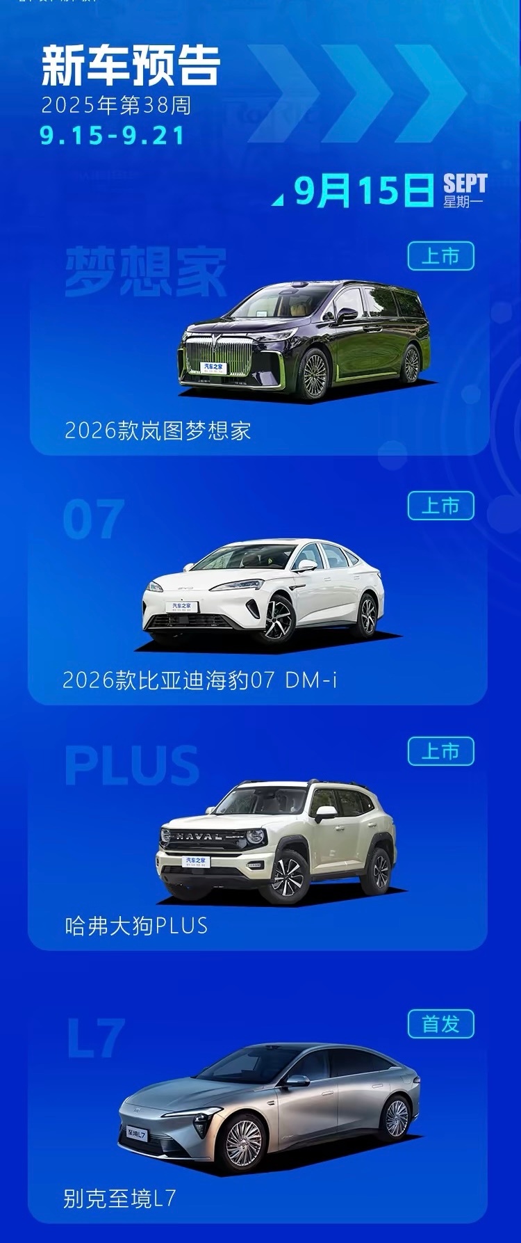 下周真是疯狂的一周，上市的新车有15个以上，具体车型可以看看之家统计的明细，这里