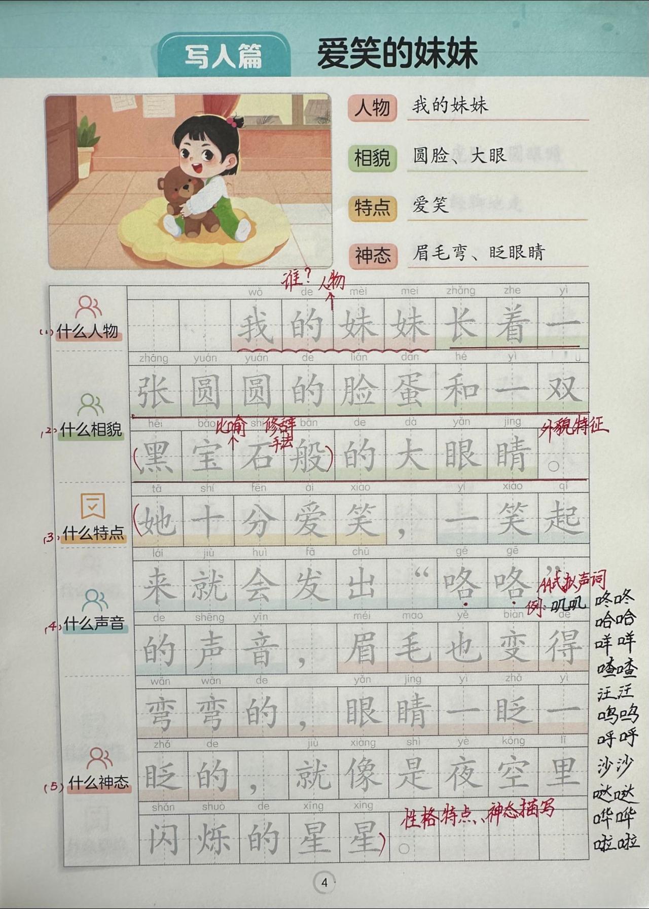 （写人篇）看图写话《爱笑的妹妹》：比喻手法、拟声词的运用（范文赏析）