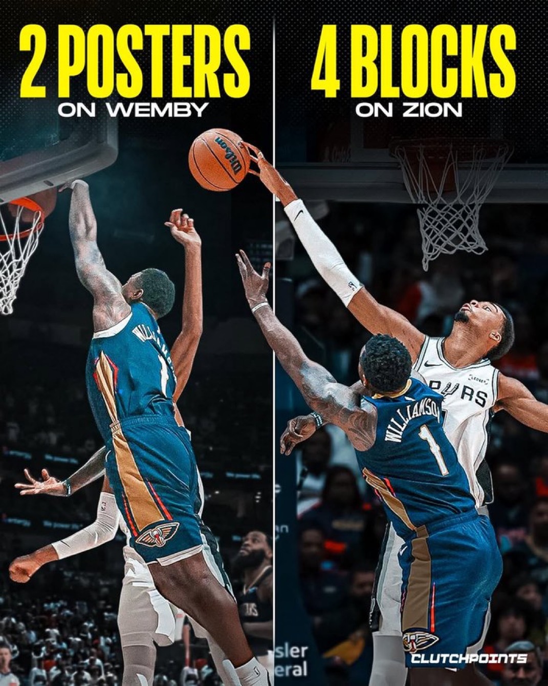 锡安隔扣文班亚马新赛季篮不住金秋观赛季 锡安和文班亚马整晚都在对抗。锡安两次隔扣