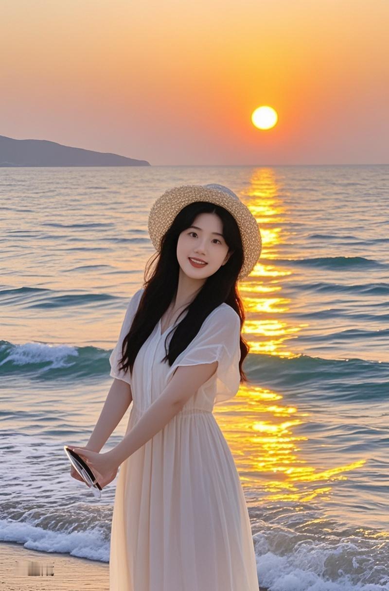 AI写真辑把自己藏进夕阳吻过的海滩～浪花翻涌成诗，橘红浸透天际,这样的「海边限定