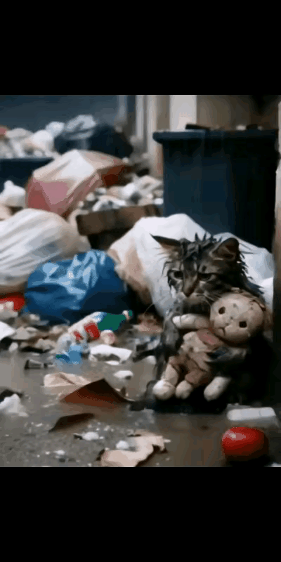 大雨里抱娃娃的流浪猫，终于有了家
 
瓢泼大雨中，一只流浪猫在垃圾堆里徒劳翻找，