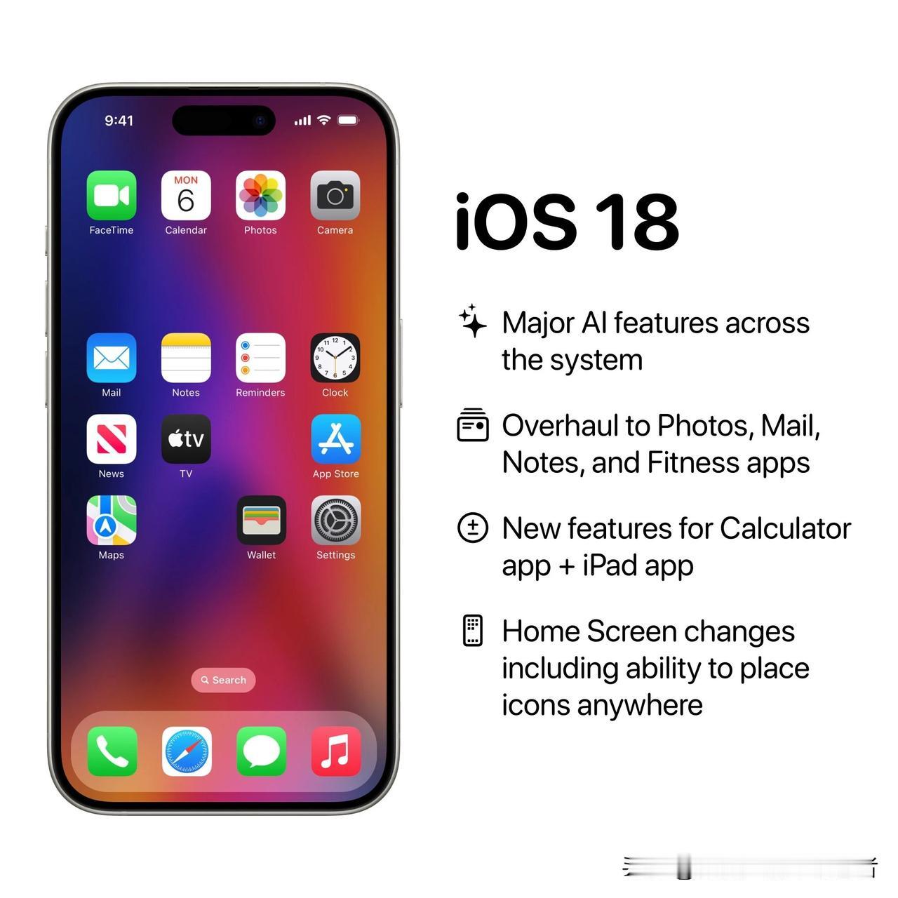 苹果ios 18将内置AI大模型，实现更多的AI功能，多个应用程序的全面升级，新