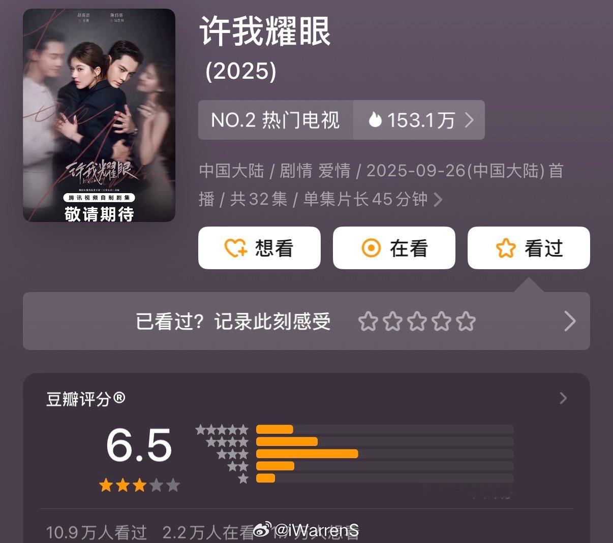赵露思许我耀眼豆瓣开分6.5分，你觉得这部剧的评分高了还是低了呢？[doge] 