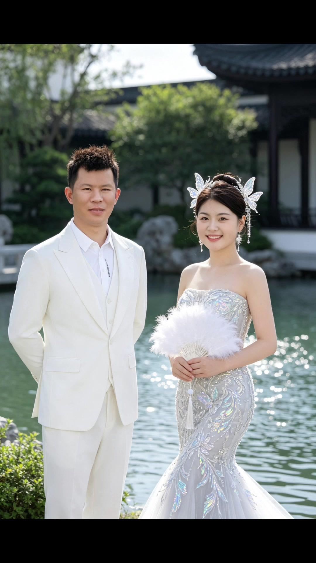 🌸在园林里拍婚纱照太治愈了，每一步都是诗意的浪漫。
红墙下的光影斑驳，我和先生