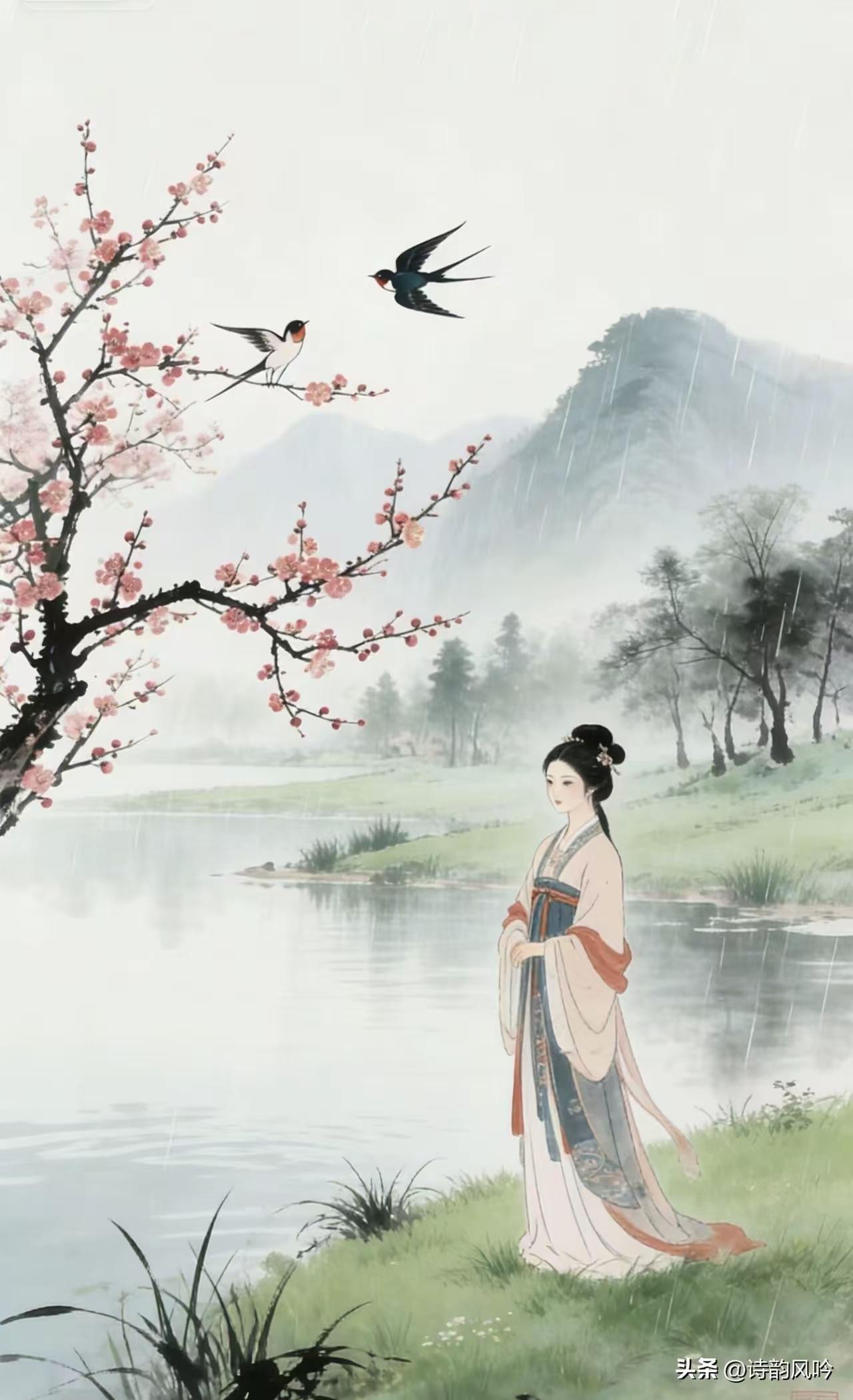 天净沙·春日佳人
佳人溪畔清波，
燕莺啼唤春和。
柳绿花红满坡。
岁华娇娜，
踏