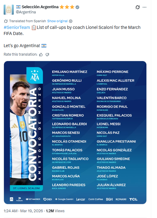 【梅西领衔新一期国家队大名单】🇦🇷阿根廷国家队官方社媒更新新一期国家队大名单