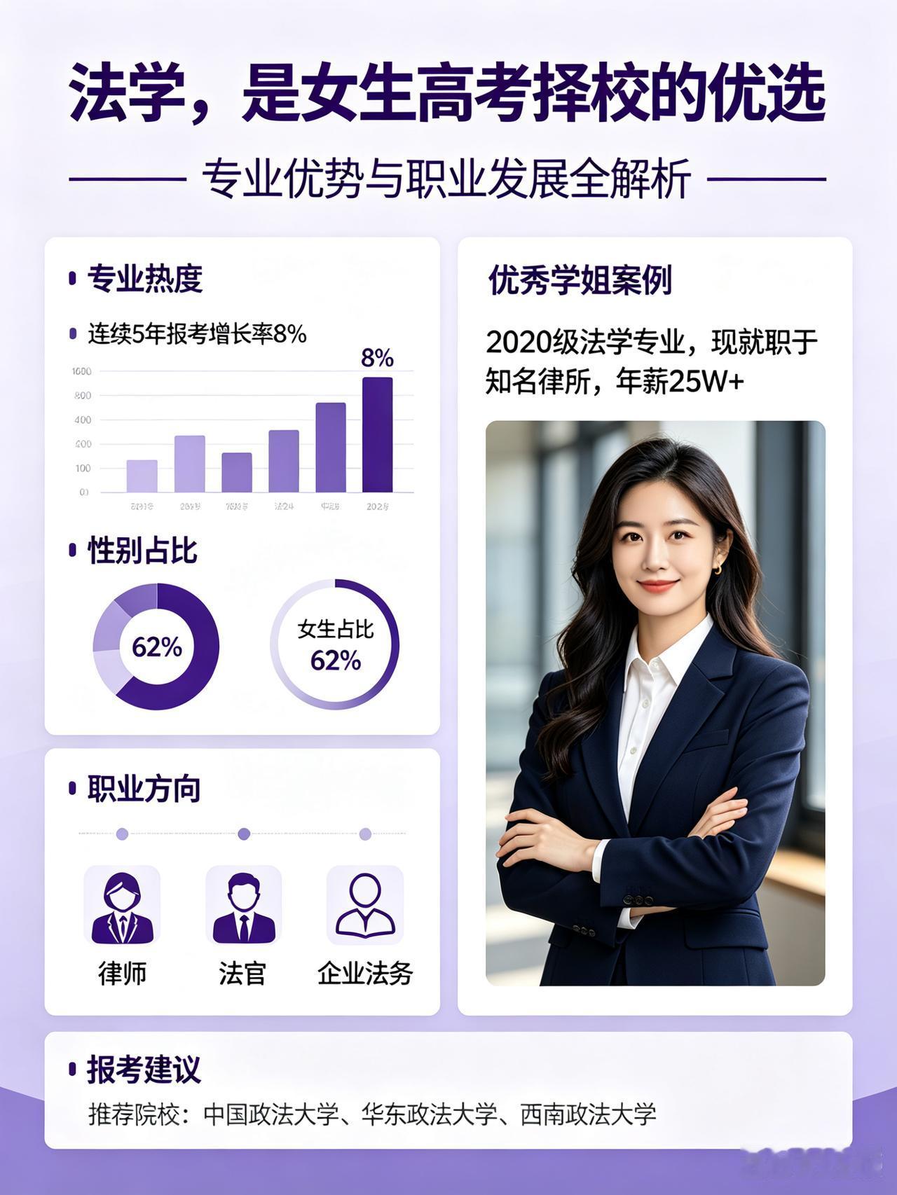 在全网都唱衰法学专业的当下，实事求是地讲，法学专业依旧是高考女生的最优选择。
当