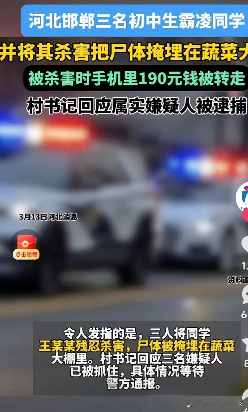 这三个小恶魔就该枪毙！
初中生，也就十五六岁吧！那么小就那么残忍，不知道什么样的
