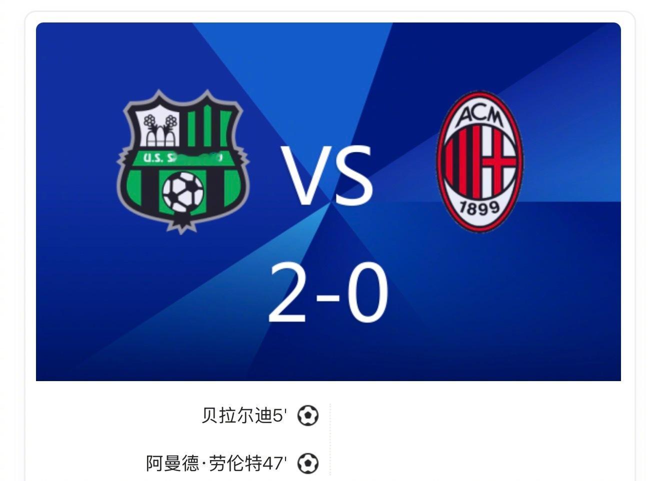 战报：萨索洛2-0米兰，贝拉尔迪、劳伦特破门！上半场，贝拉尔迪破门，托莫里两黄一