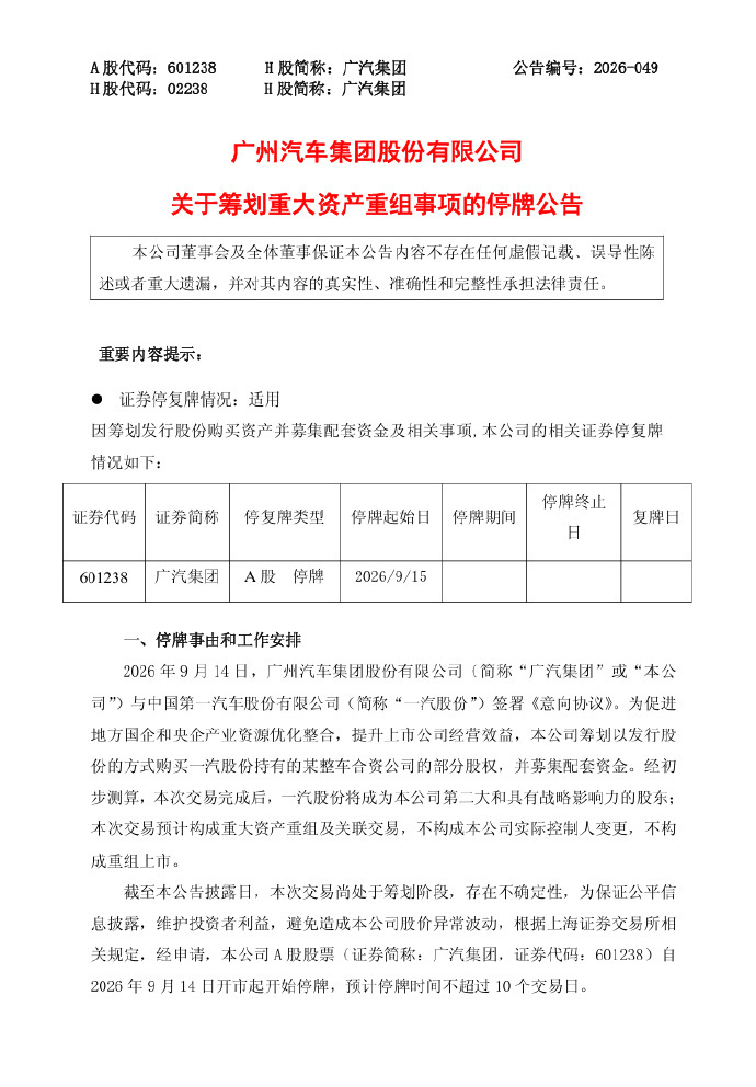 广汽集团与一汽股份签署意向协议提升国内汽车产业集中度的第一步，统筹国内产能布局，