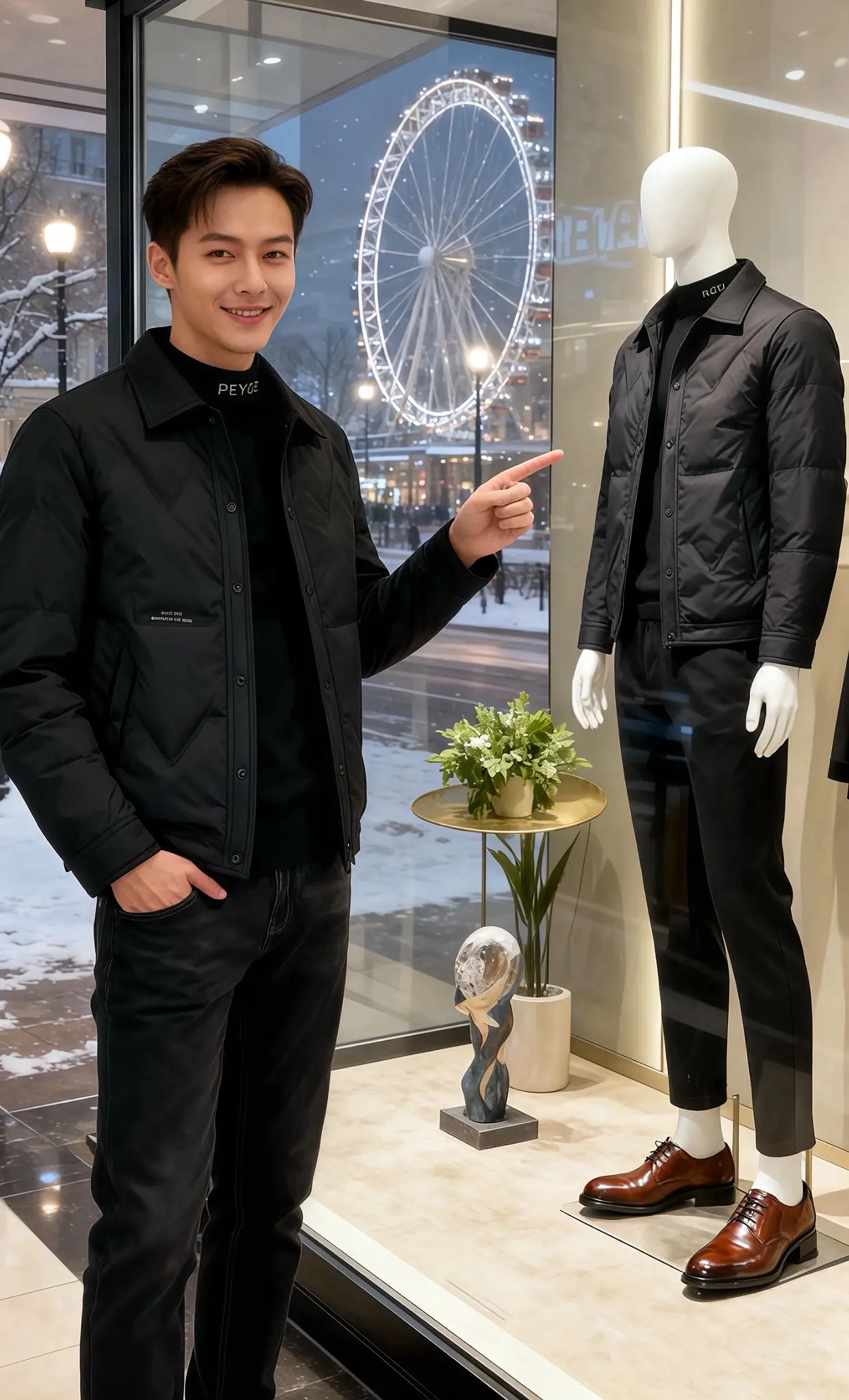 《冬夜的摩天轮与未凉的热饮》  窗外的雪裹住了街灯，摩天轮的光像揉碎的...