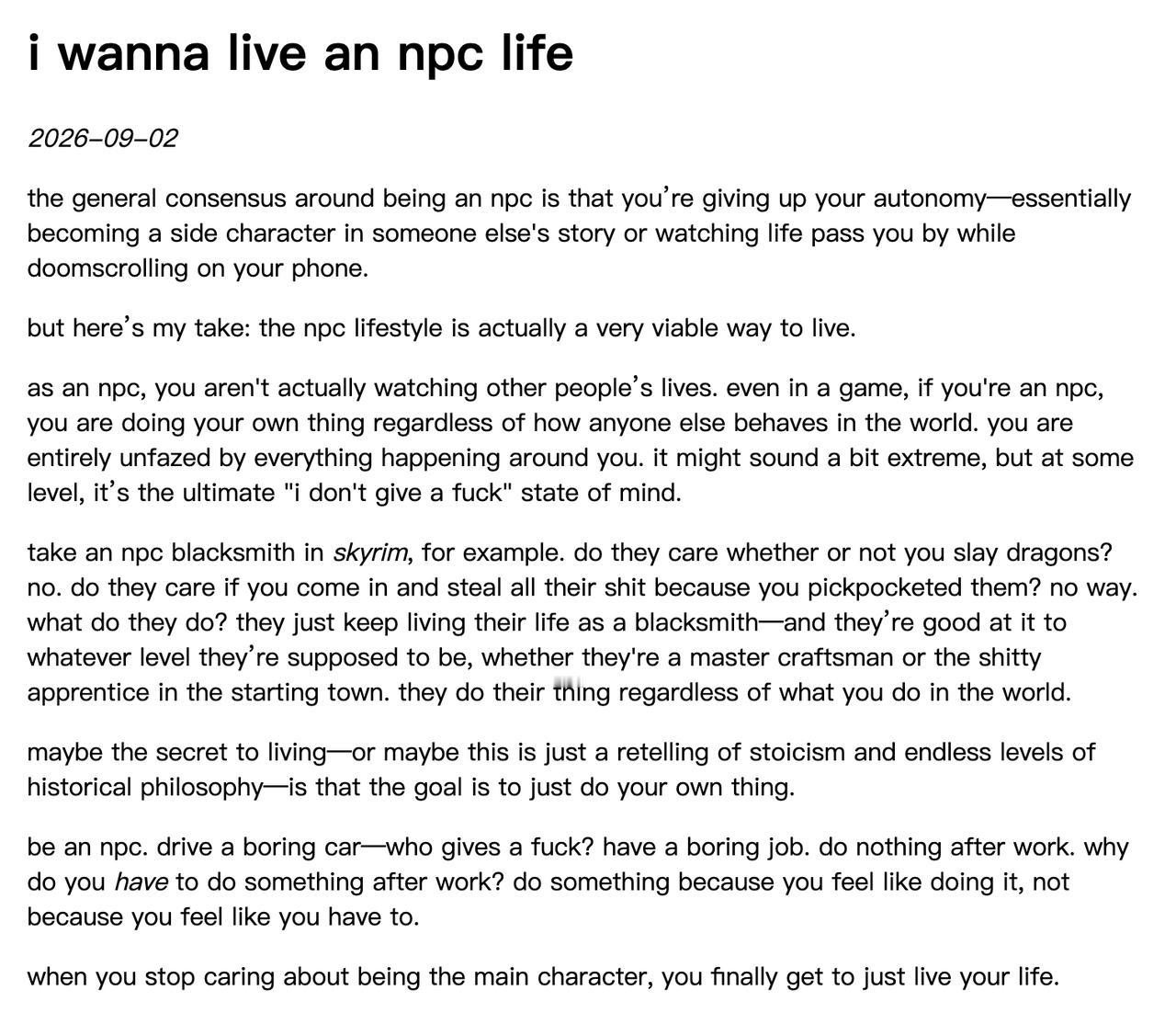 【放弃主角光环：一种名为NPC的生存哲学】这篇文章借用游戏术语NPC（非玩家角色