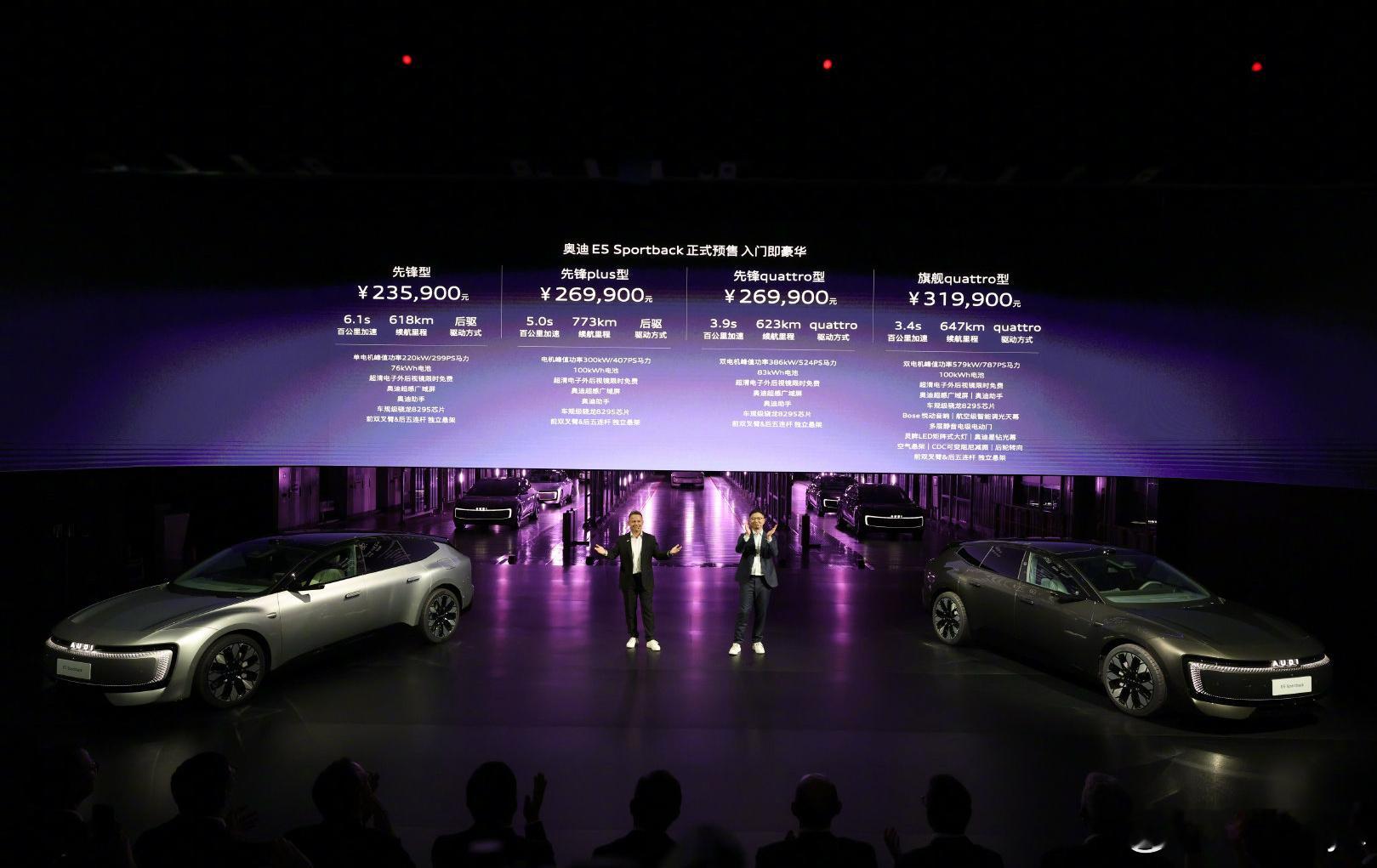 奥迪E5 Sportback今晚公布预售价23.59万起：1️⃣先锋型：23.5