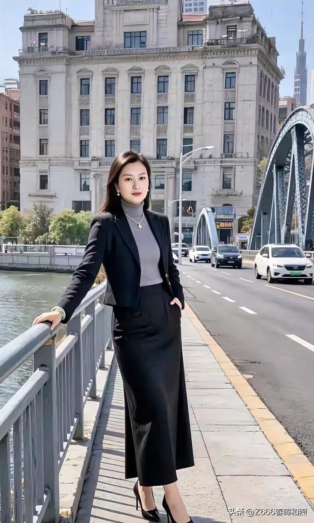 外滩风拂黑西装，高领衬出颈间光。倚栏凝立桥畔影，车流如织，建筑沧桑，优雅自成景，