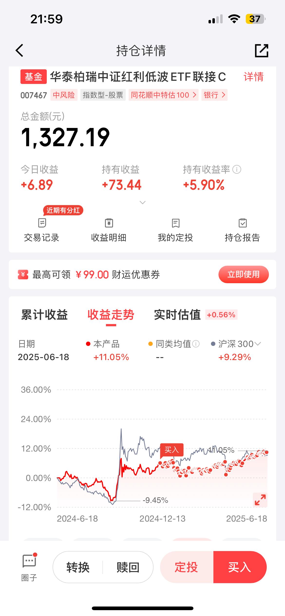 每天10元，定投半年，中证红利低波指数收益率5.9%，我要坚持投到年底！

这个