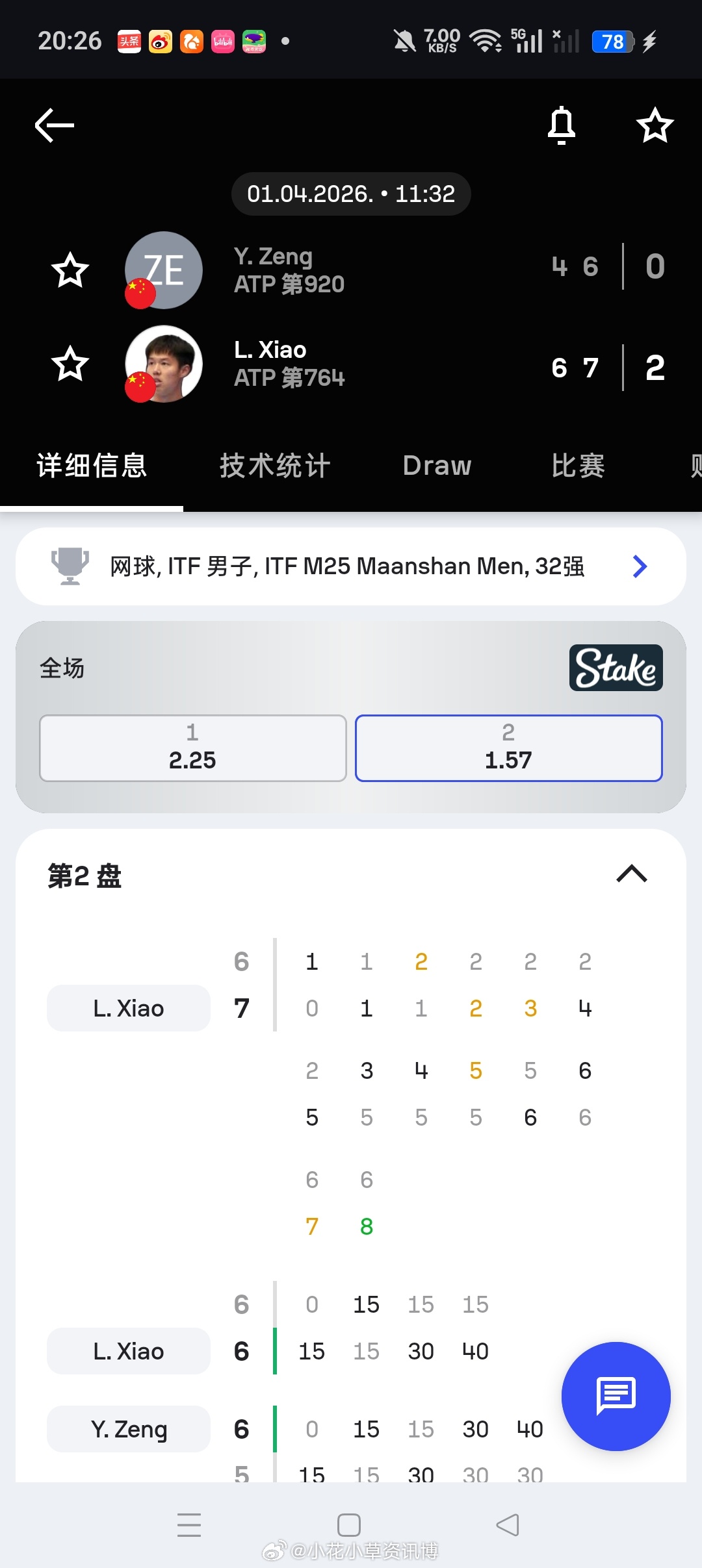 小花小草资讯小花小草资讯【马鞍山M25】男单正赛第一轮🇨🇳肖霖昂6-47-6