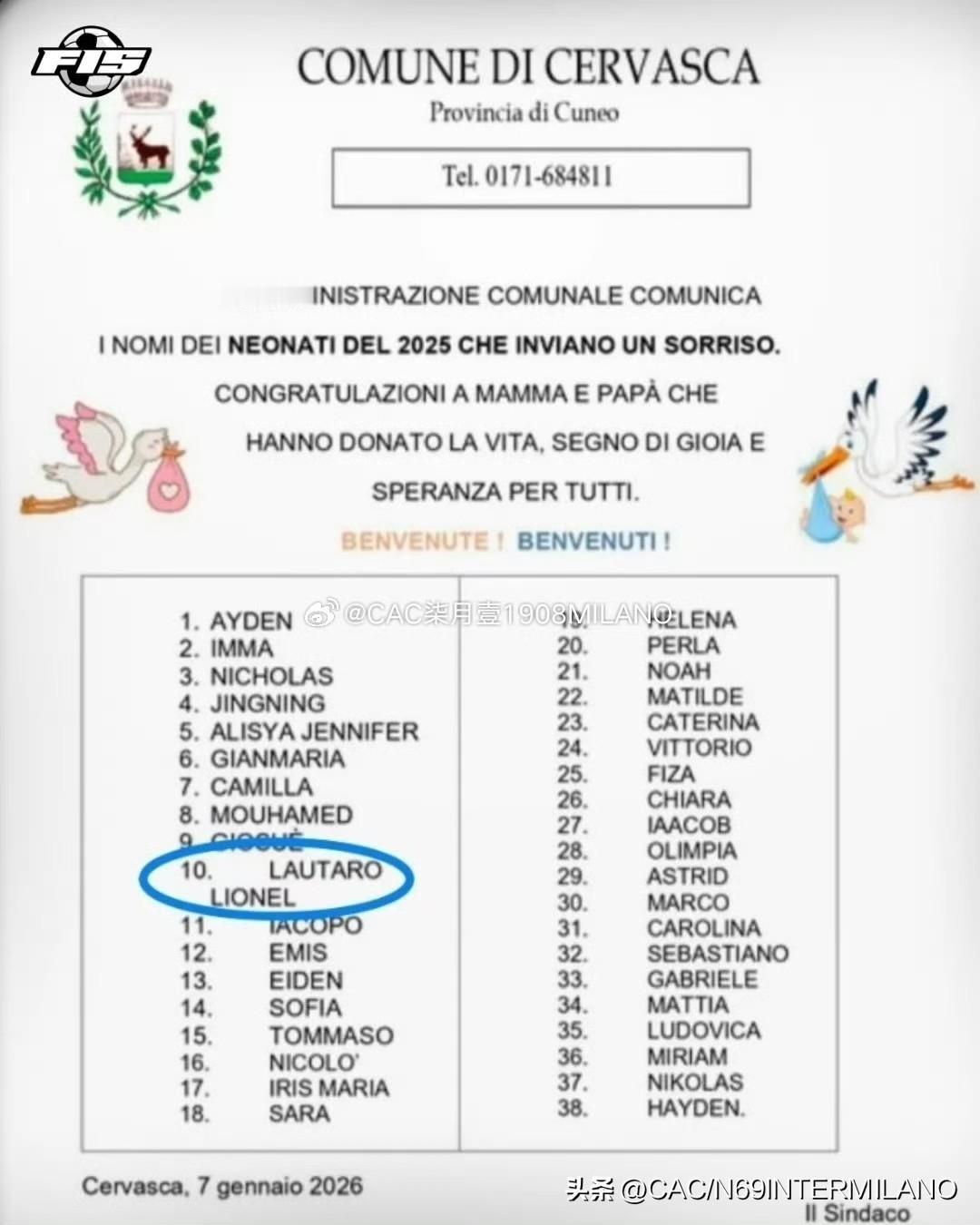 在意大利库内奥省，
有一家人给他们的儿子取名为“劳塔罗'利昂内尔”，
以此来致敬