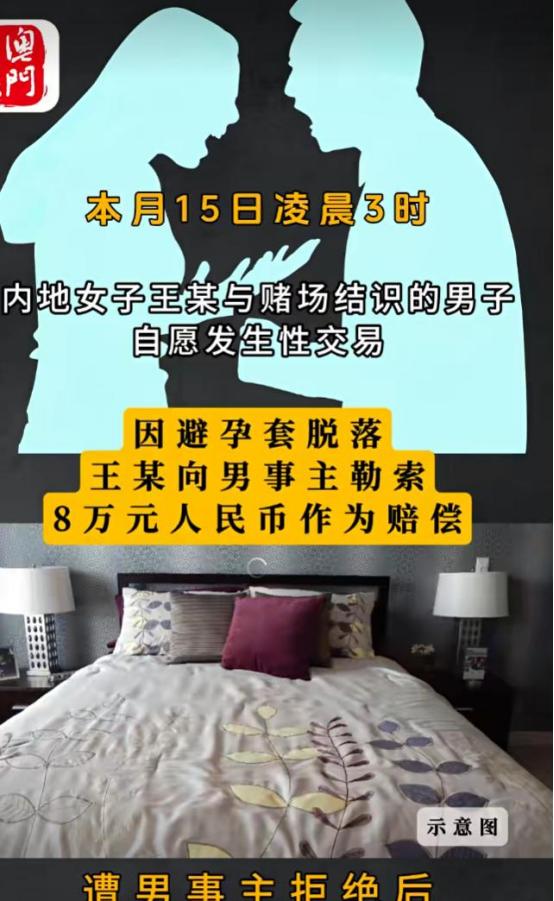 澳门，一内地女子和赌友在酒店开房发生关系时，橡胶套脱落了，这女子就跟开口要 8 