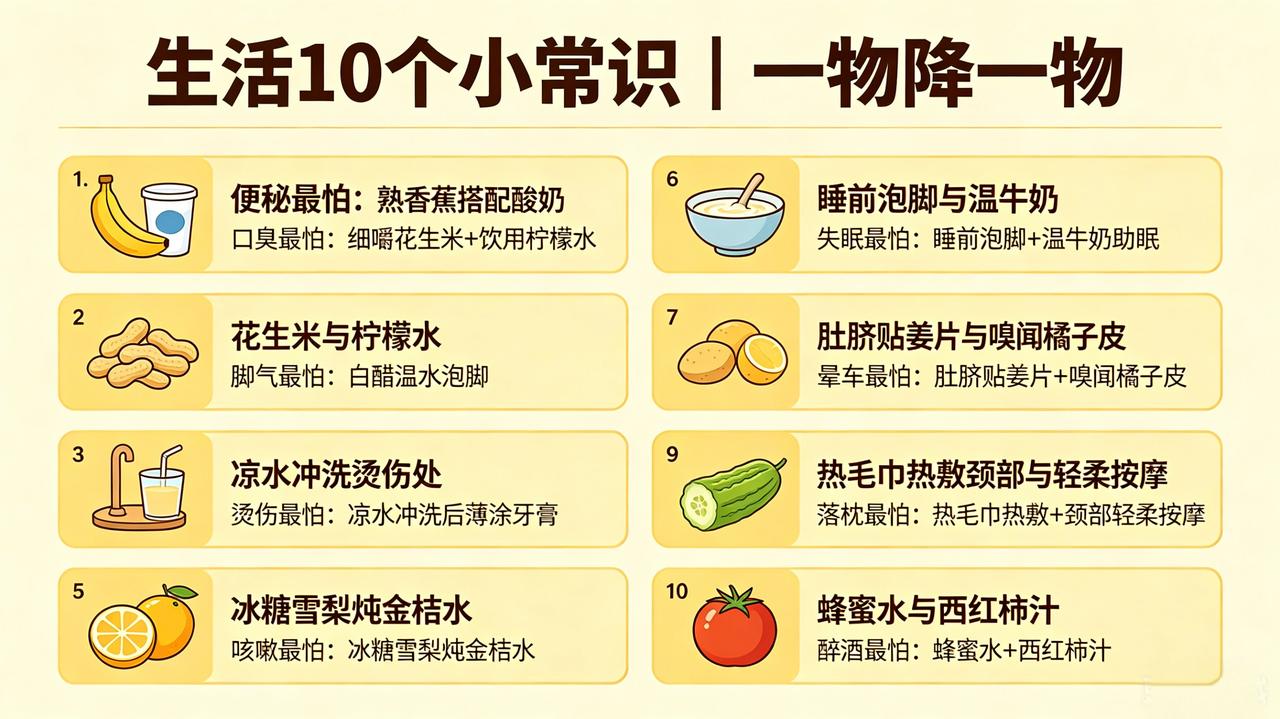 生活10个小常识
（一物降一物）
 
①便秘最怕：
熟香蕉搭配酸奶！

②口臭最