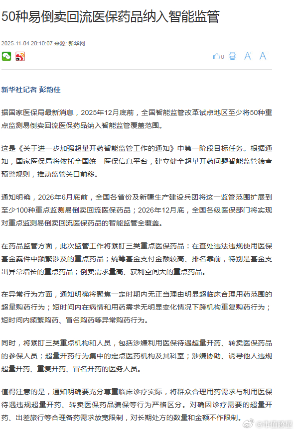 市值瞭望 据国家医保局最新消息，2025年12月底前，全国智能监管改革试点地区至