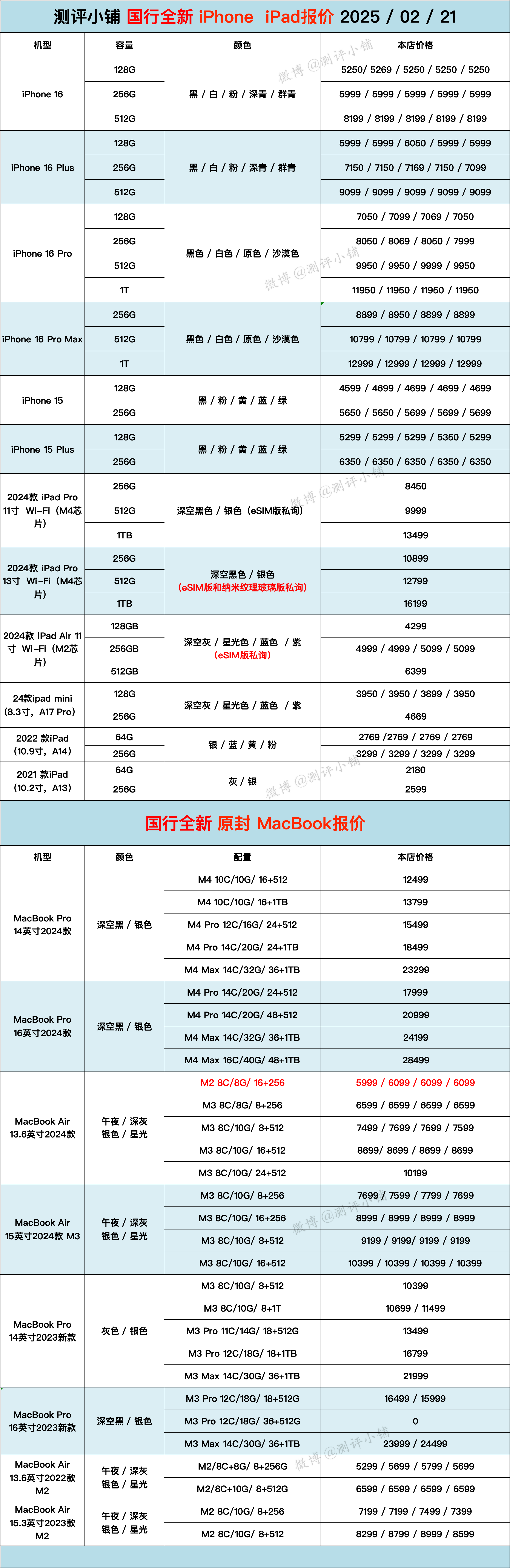 2.21全新机报价，iPad系列，小米15，荣耀300，红米K80，vivo X